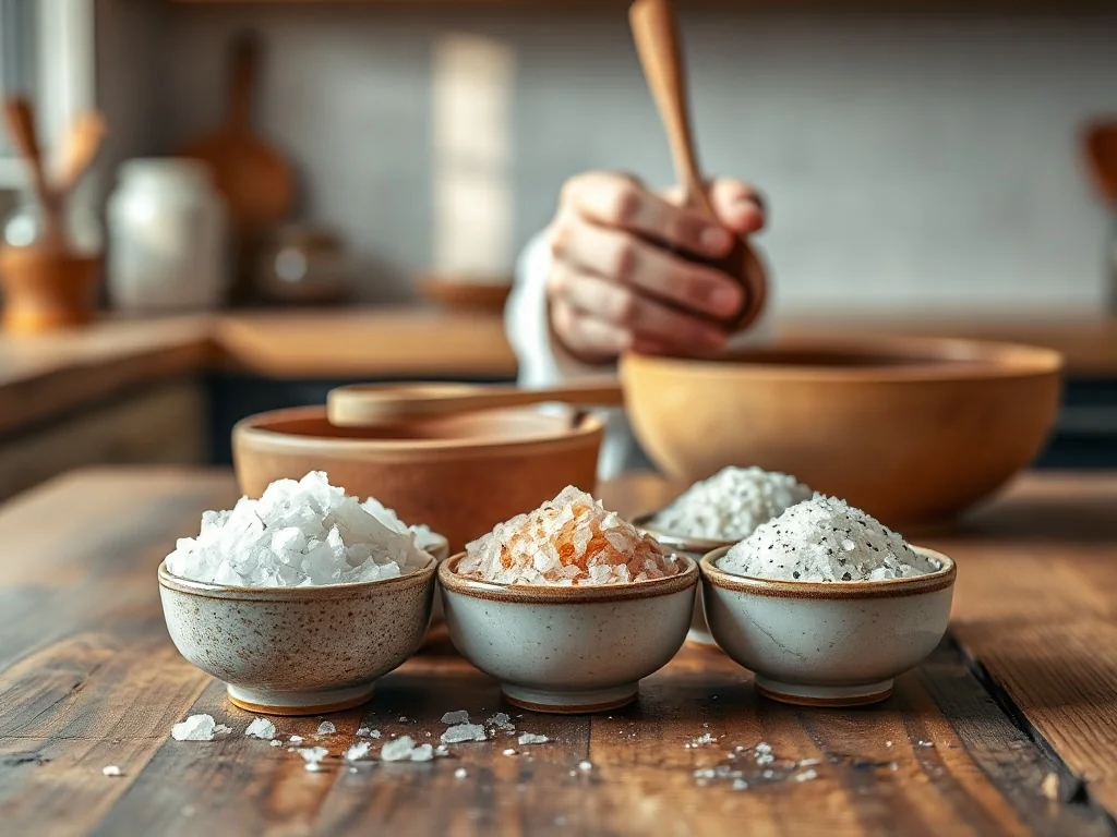 Różne rodzaje soli gourmet, w tym morska, himalajska i fleur de sel, w ceramicznych miseczkach na drewnianym stole.